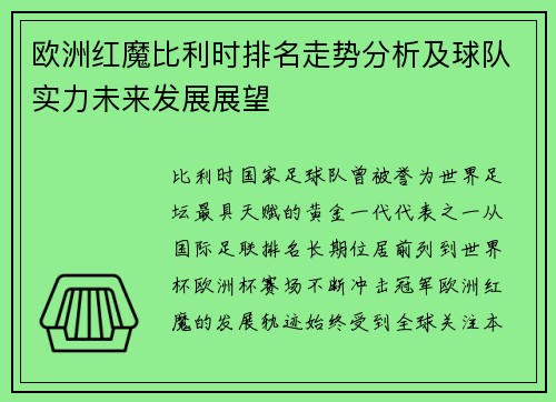 欧洲红魔比利时排名走势分析及球队实力未来发展展望